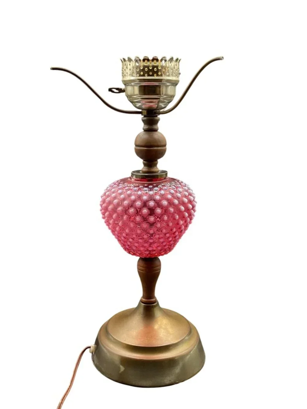 Vintage Fenton Cranberry Opalescent Hobnail Glass & Brass Table Lamp 17